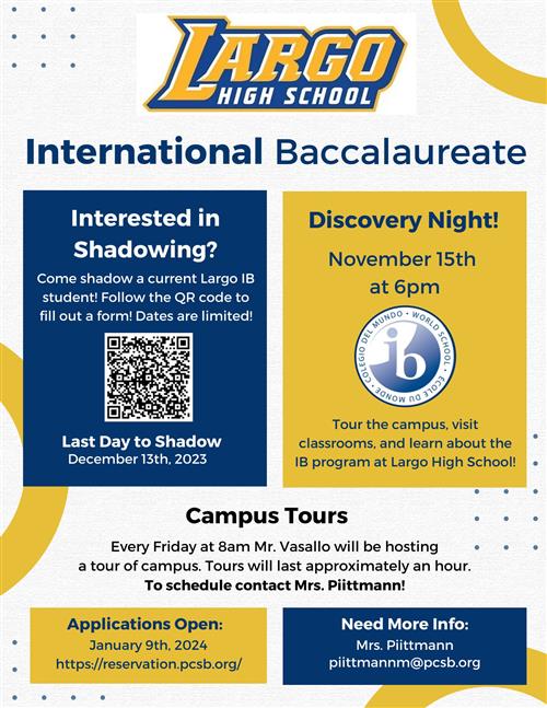 To shadow LHS IB - contact piitmannm@pcsb.org